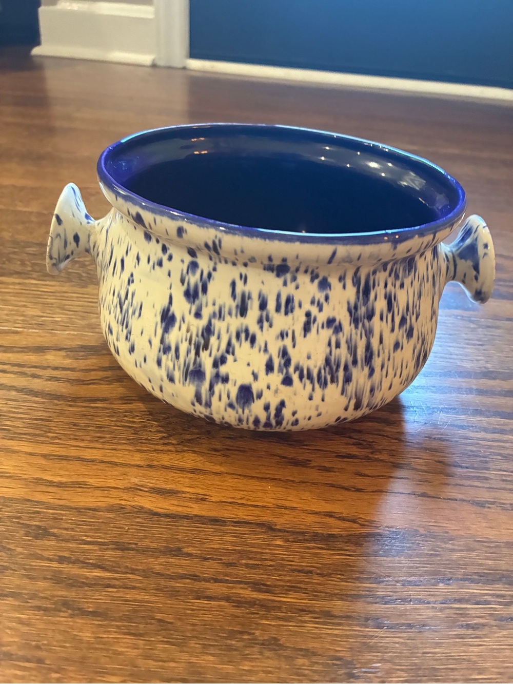 Vintage Blue Spongeware Crock Bean Pot Bowl Cobalt Glaze Double Tab Handles⁠